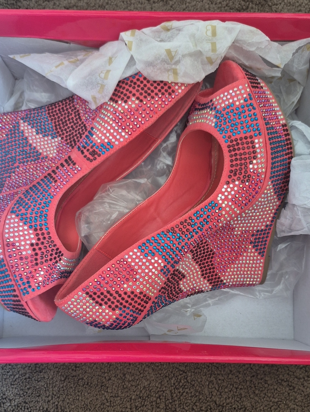 Alba Pink and Blue Rhinestone Wedge Heels